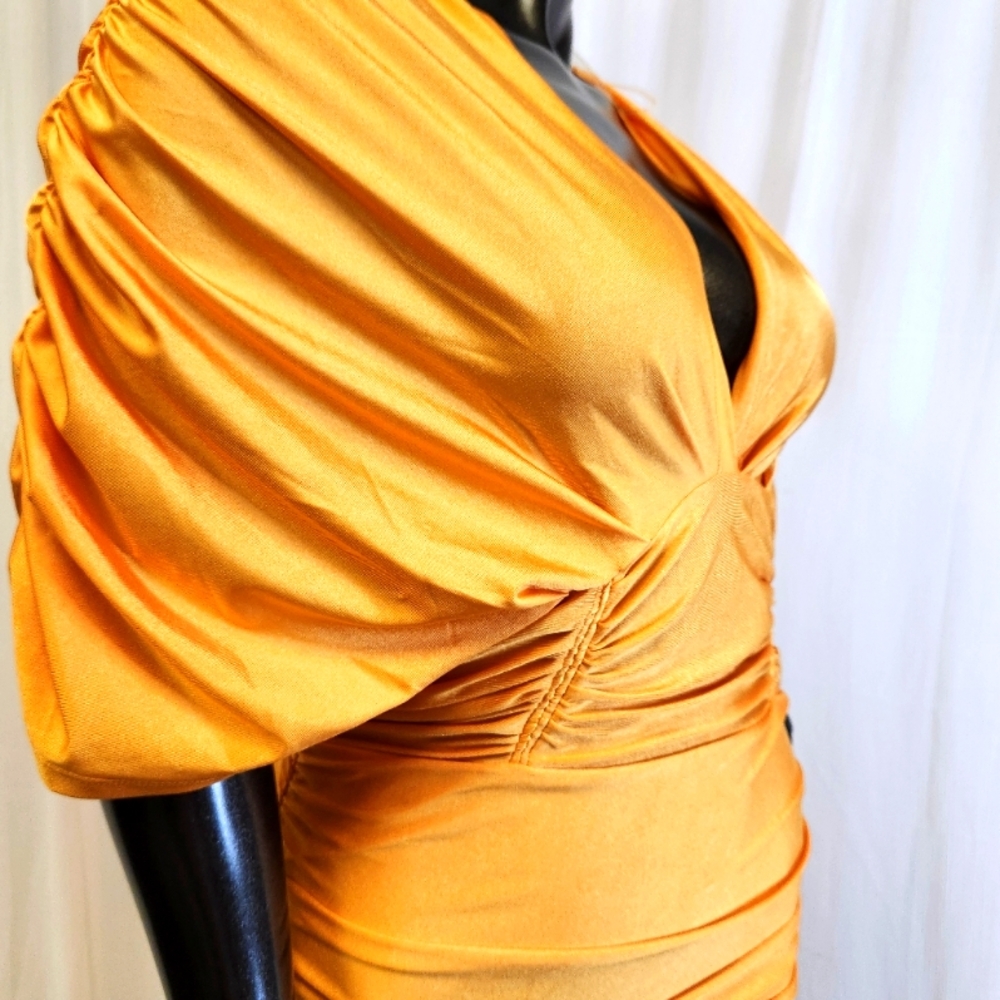 Elegant Ruched Dress In Mustard - Picture 4 of 15